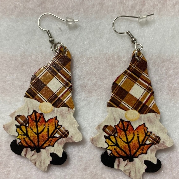 Hand Crafted Jewelry - Faux Leather Gnome Shaped Fall Earrings Print both sides (CO)